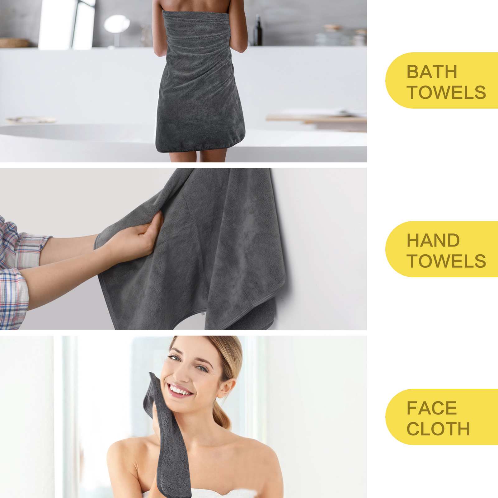 6 Piece Gray Family Velvet Bath Towel Sets - Thumbnail 5